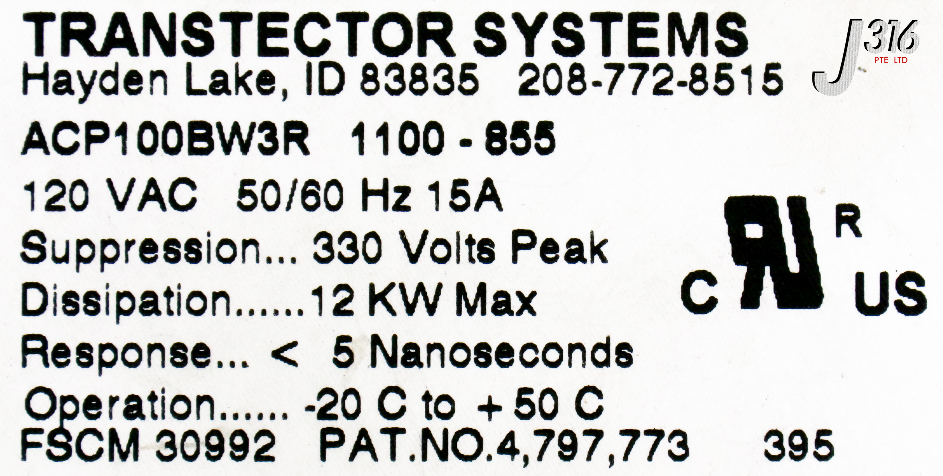 19852 TRANSTECTOR SURGE SUPPRESSOR, 120 VAC, 10A, 1100-855